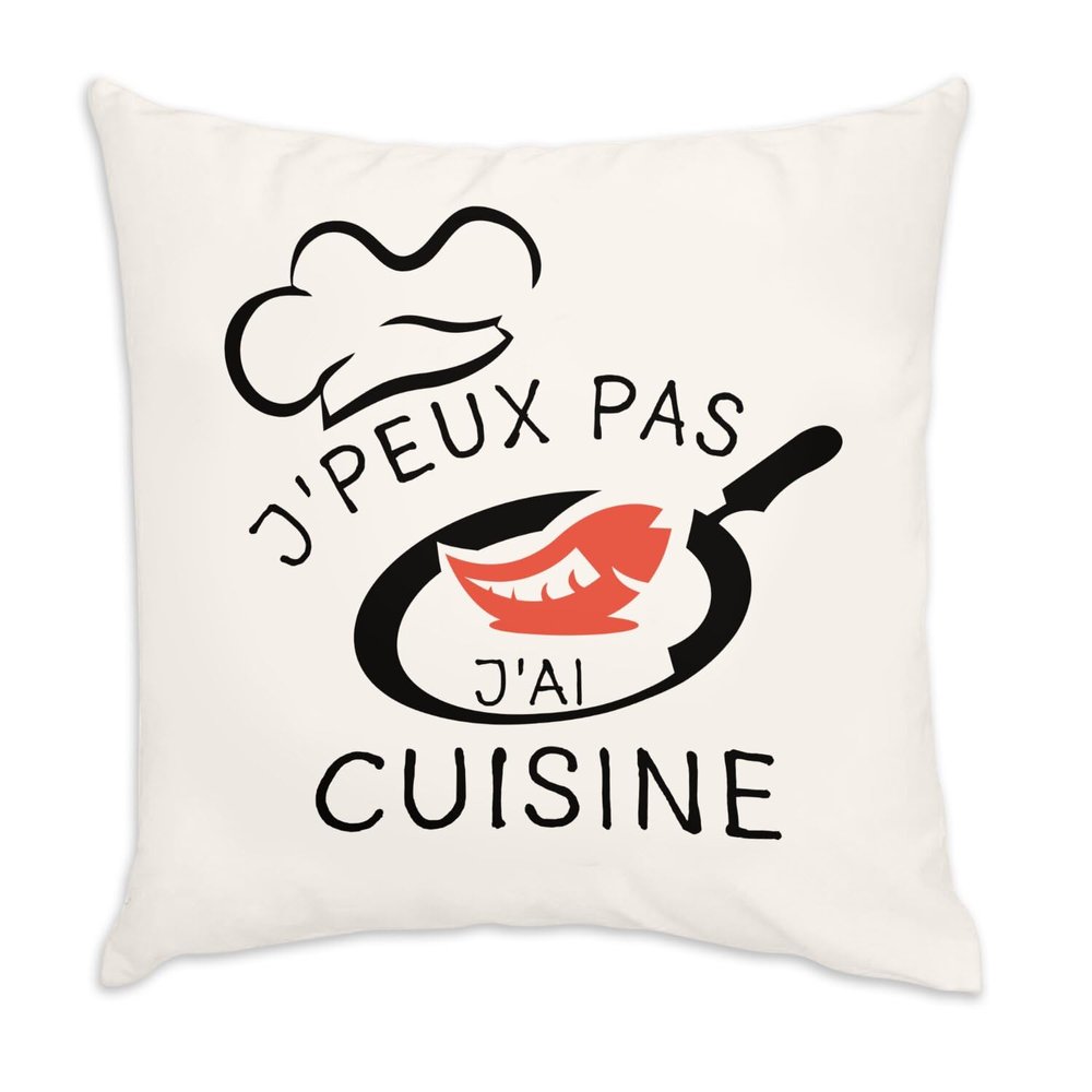 Fabulous White Velvet-Look Cushion, “J'Peux Pas J'Ai Cuisine,” 40 x 40 cm, Cover & Insert Included