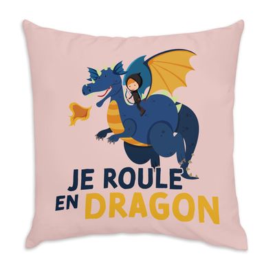 Fabulous Velvet Cushion, Pink, “Je Roule en Dragon” Design for Children, Dream Myth, 40 x 40 cm, Soft Velvet Feel, Cover and Cushion Included
