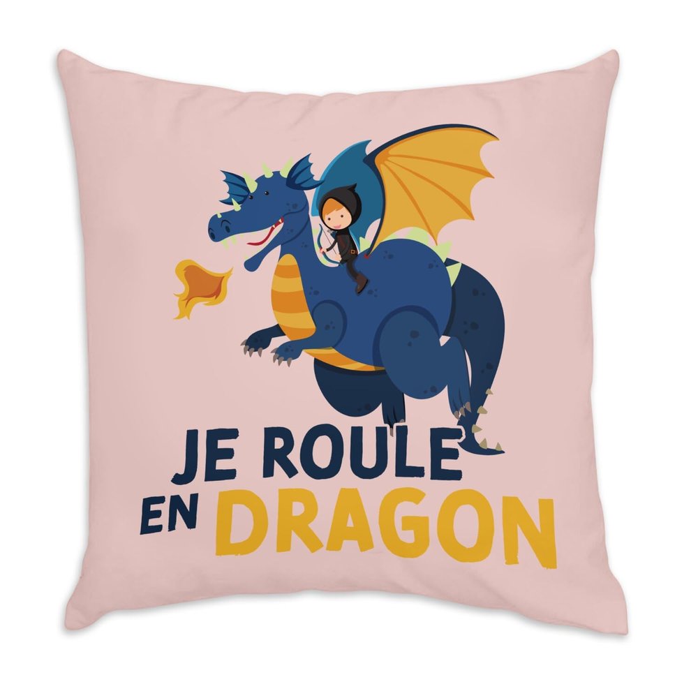 Fabulous Velvet Cushion, Pink, “Je Roule en Dragon” Design for Children, Dream Myth, 40 x 40 cm, Soft Velvet Feel, Cover and Cushion Included