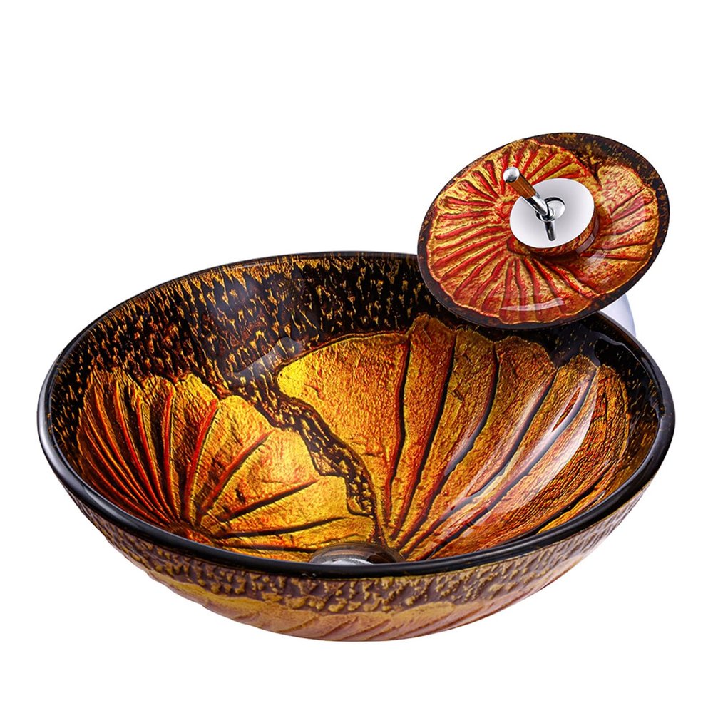Dark Yellow Round Tempered Glass Vessel Sink with Brass Waterfall Faucet
