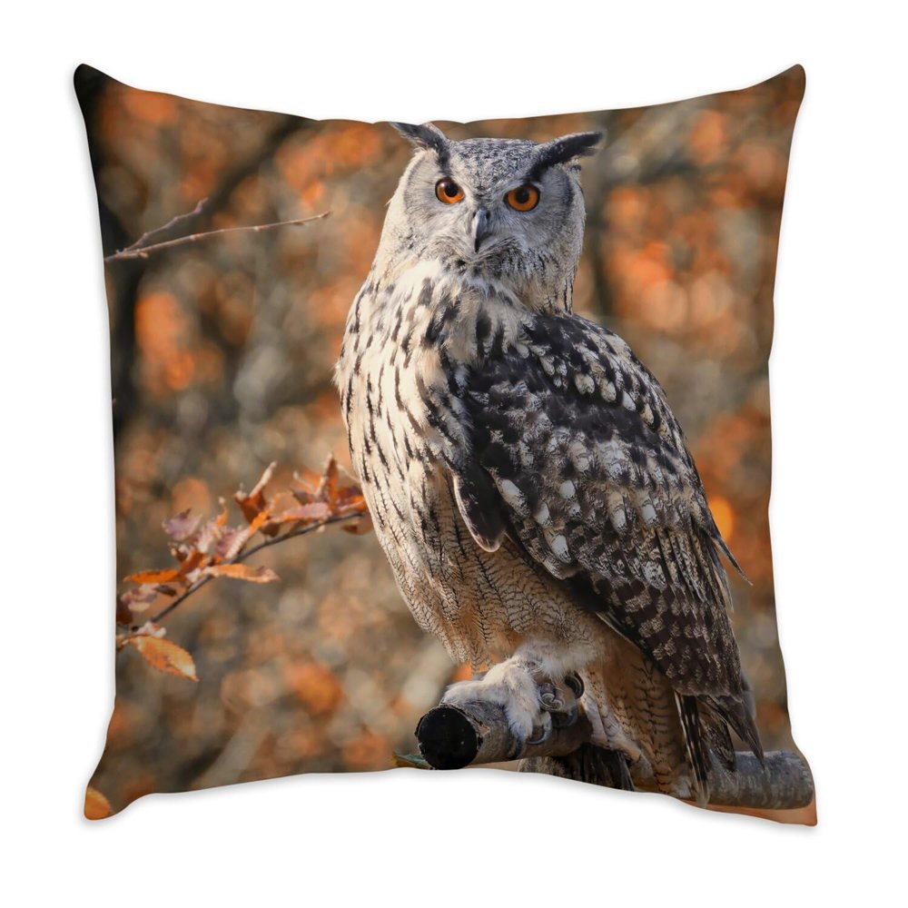 Fabulous Velvet Pillow Cover, White, Owl on a Branch in Autumn, Wild Forest, 40 x 40 cm, Velvet-Soft