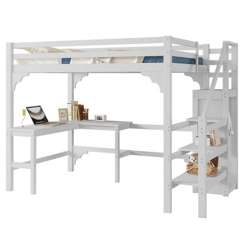 Children’s Loft Bed 140 x 200 cm with L-Shaped Desk and Stairs, White