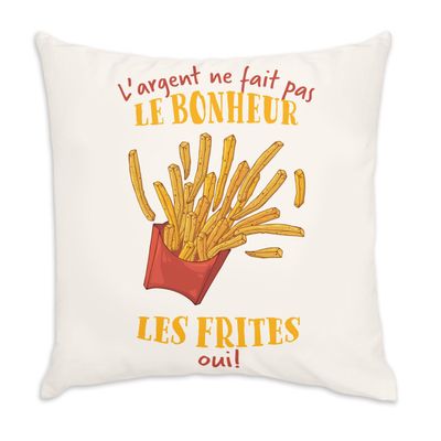 Velvet Cushion, White, “Pommes Silber macht nicht Le Bonheur” Street Food, 40 x 40 cm, Soft Velvet Feel, Cover and Cushion Included