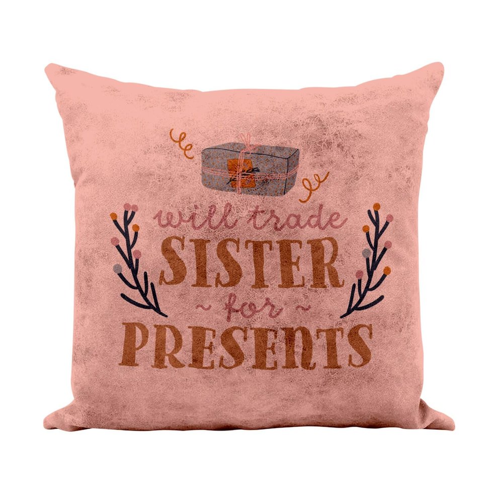 Fabulous “Will Trade Sister for Presents” Christmas Winter Santa Pillow Cover, Faux Leather, Pink, 40 x 40 cm, Leather-Like Feel