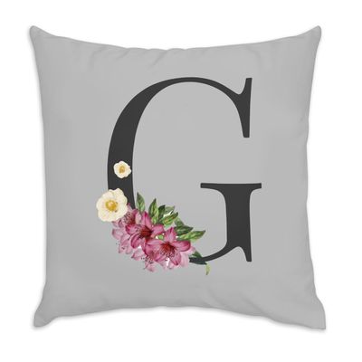 Gray Velour Cushion, G Gabrielle Gisle Floral Alphabet Design, 40 x 40 cm, Cover and Insert Included