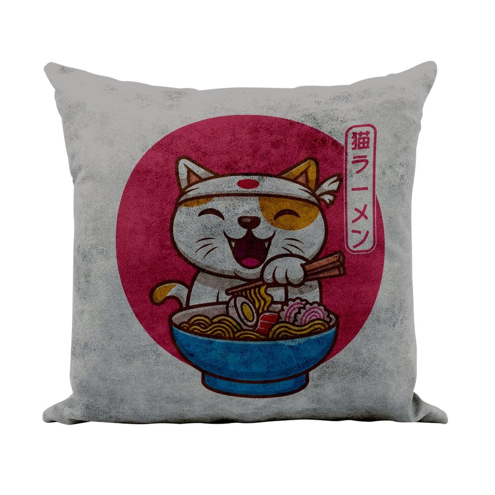 Fabulous Faux Leather Cushion, Gray, Neko Ramen Japanese Cat Anime Design, 40 x 40 cm