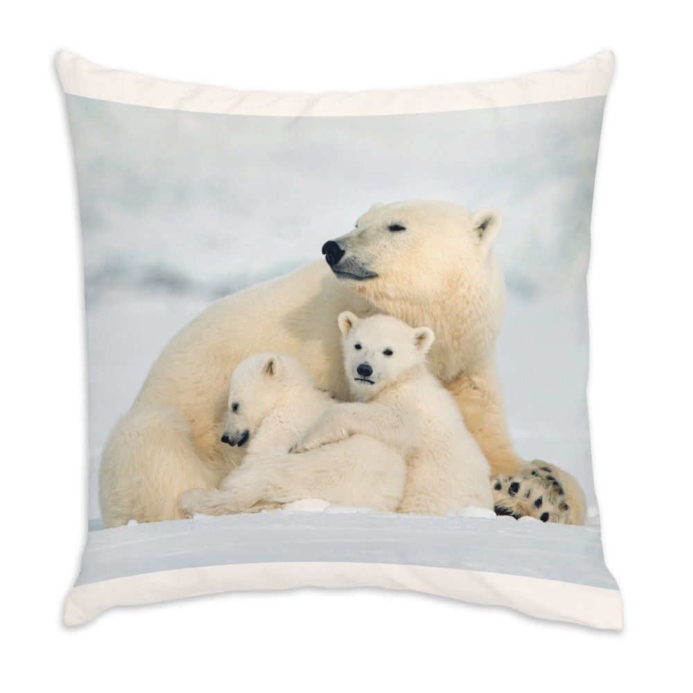 Fabulous Velvet-Feel Cushion, Mother Polar Bear and Cubs, 40 x 40 cm, Cover and Insert Included