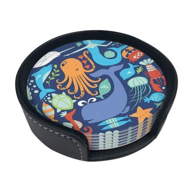 Drink Coasters with Holder, 6-Piece Set, 10 cm, Ocean Whale, Fish & Octopus Print