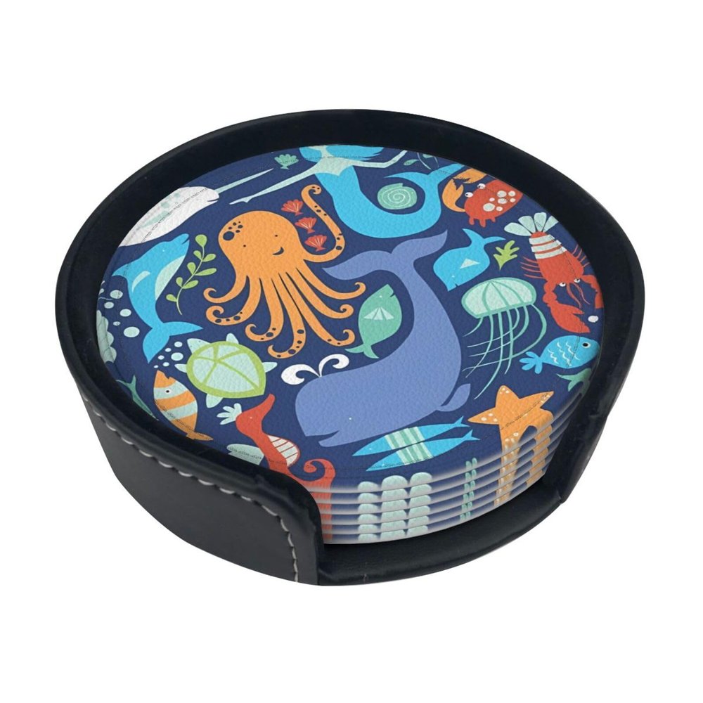 Drink Coasters with Holder, 6-Piece Set, 10 cm, Ocean Whale, Fish & Octopus Print