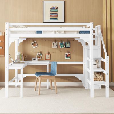 Shye Loft Bed with L-Shaped Desk, Pine Wood, Open Wardrobe, White, 140 x 200 cm