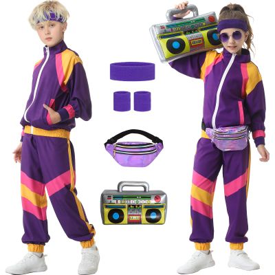 Hislovy 80s Kids Costume, 90s Tracksuit Outfit for Boys and Girls, Halloween Carnival, Purple, 134/140