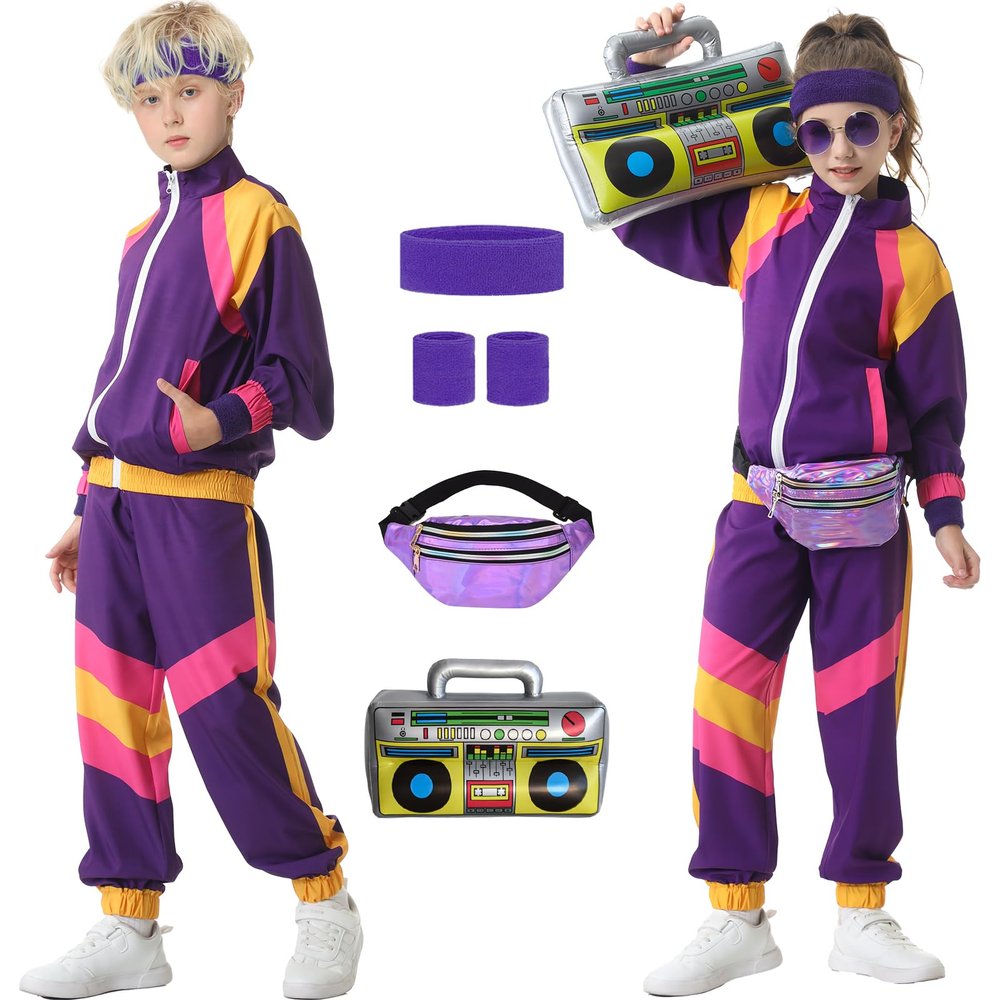 Hislovy 80s Kids Costume, 90s Tracksuit Outfit for Boys and Girls, Halloween Carnival, Purple, 134/140