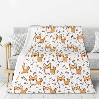 Cute Corgi Dog and Bone Pattern Plush Flannel Fleece Throw Blanket, 60 x 80 in