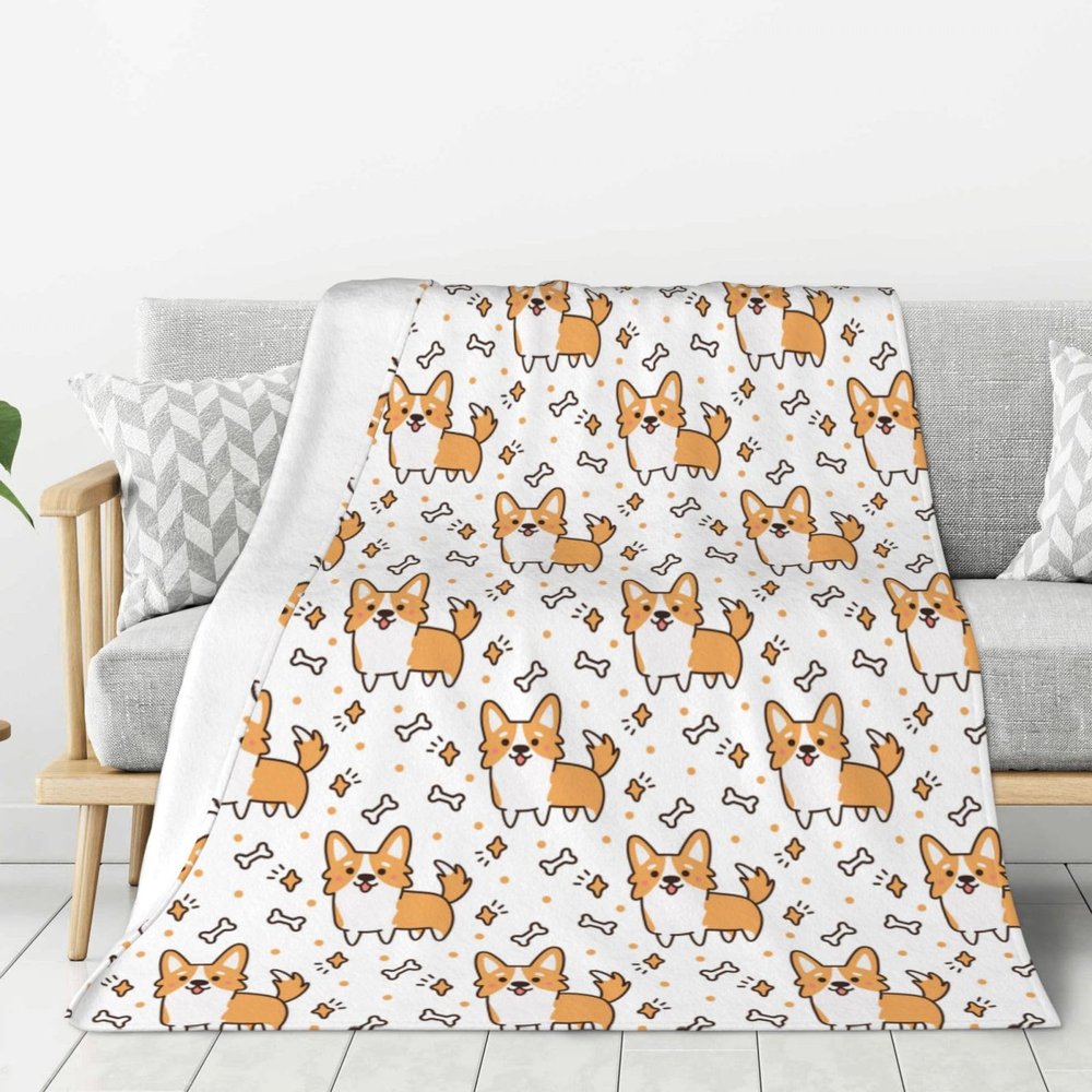 Cute Corgi Dog and Bone Pattern Plush Flannel Fleece Throw Blanket, 60 x 80 in