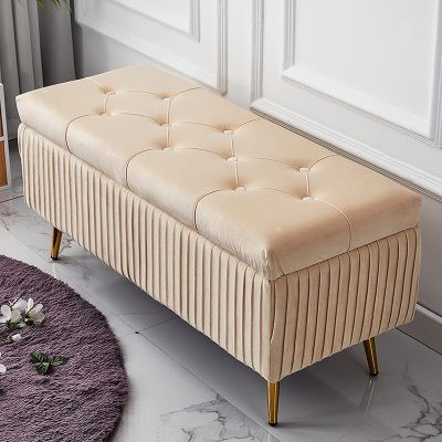 DRFGNF Velvet Upholstered Storage Bench with Footrest, Creamy White, 60 x 40 x 45 cm (24 x 16 x 18 in)