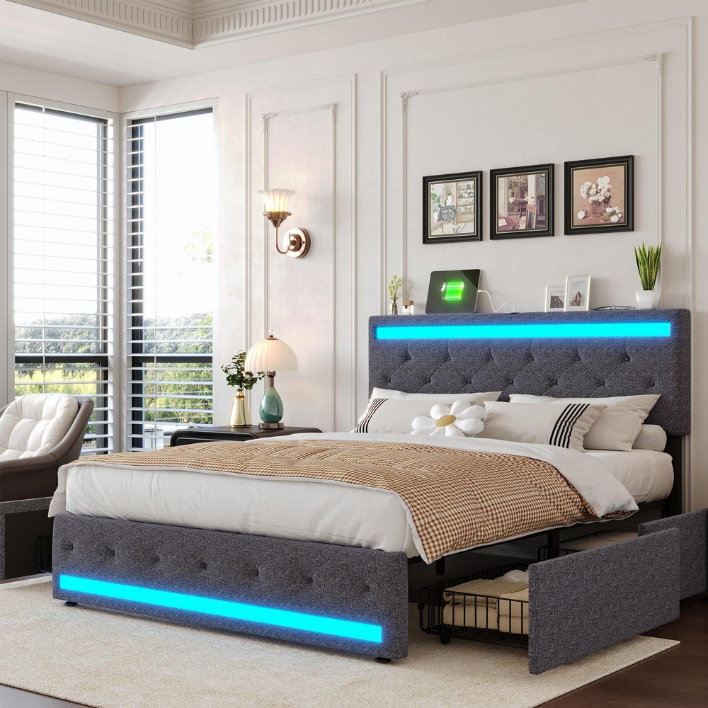 BPKADHY Upholstered Bed Full Size 140 x 200 cm with LED and 4 Drawers
