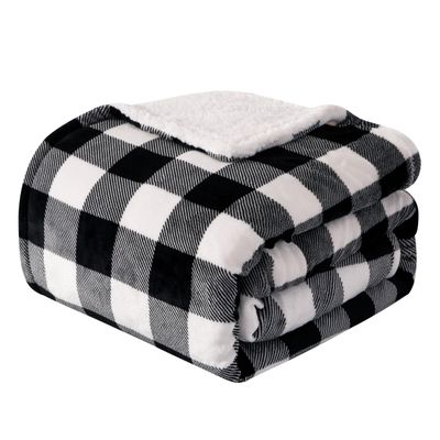 Elegant Comfort Ultra-Soft Fleece Throw with Velvet Touch, Buffalo Check, Reversible Micro-Sherpa Backing, Black
