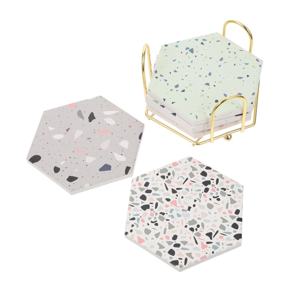 Hexagonal Ceramic Coasters with Stand, Classic Decorative