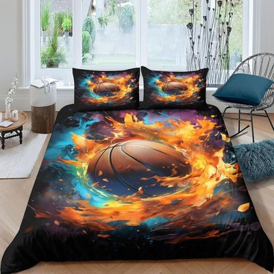 Basketball 3D-Printed Duvet Cover Set, 90 x 190 cm, 3-Piece, Microfiber, with Zipper and 2 Pillowcases