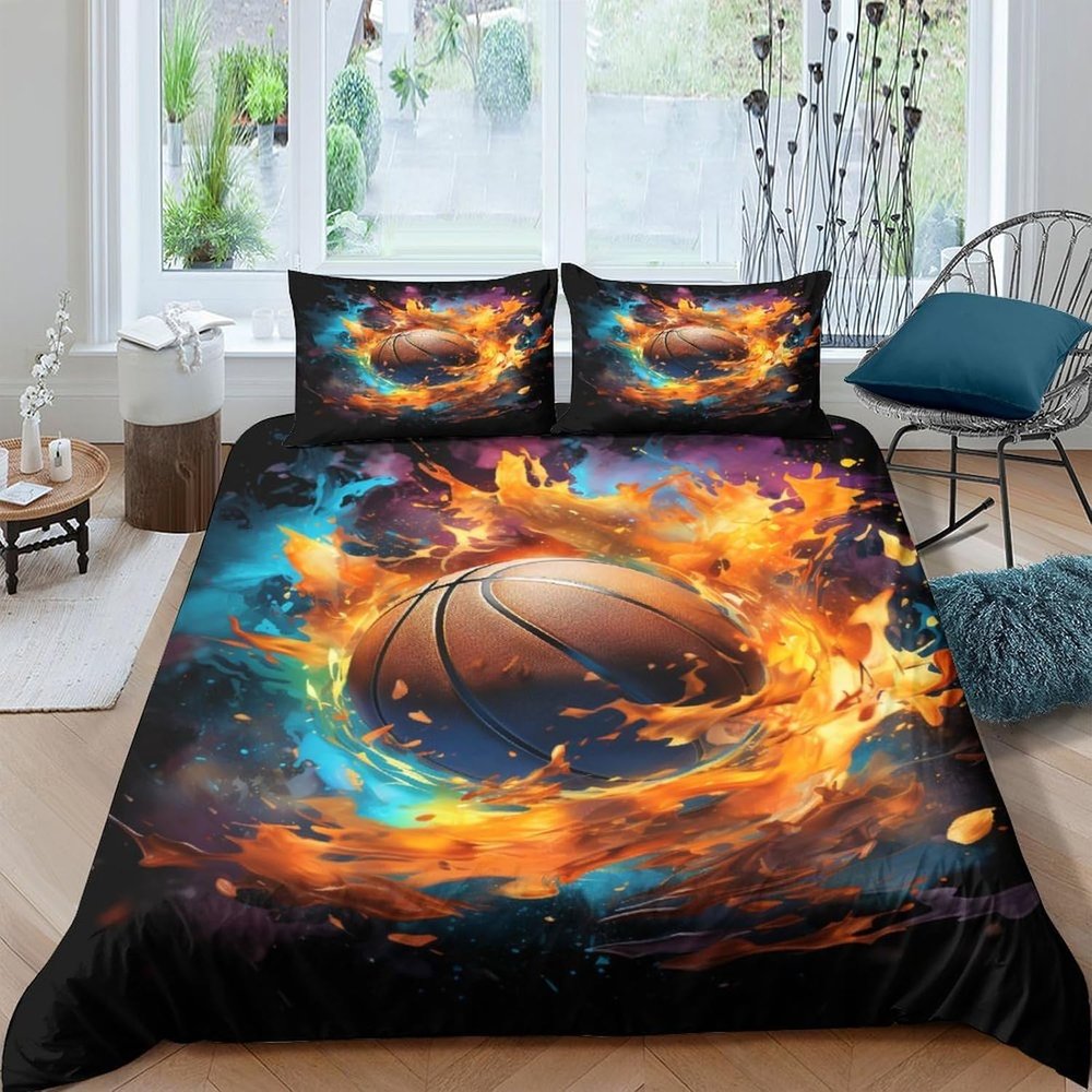 Basketball 3D-Printed Duvet Cover Set, 90 x 190 cm, 3-Piece, Microfiber, with Zipper and 2 Pillowcases
