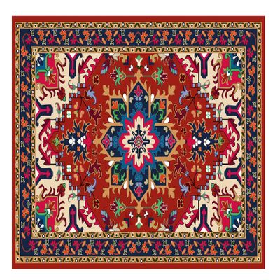 Square Decorative Rug, Multicolored, 120 x 120 cm, Red Beige Blue Green Floral Vintage Design