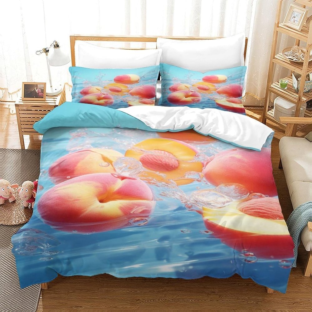 Fruit Peach 3D-Printed Duvet Cover Set, 90 x 190 cm, 3-Piece Polyester Bedding with Zipper
