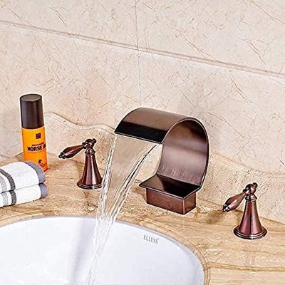 Widespread High-Arc Waterfall Kitchen Sink Mixer Faucet, Double-Handle, Deck-Mount, Oil-Rubbed Bronze-Red