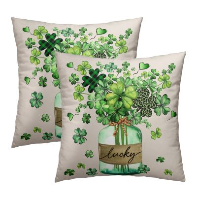 St. Patrick's Day Throw Pillow Covers, 22 x 22 in, Set of 2, Lucky Clover, Cotton-Linen