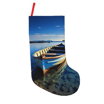 Dwrepo Christmas Stocking with Boat on Blue Water, 18 in, Plush Hanging Stocking