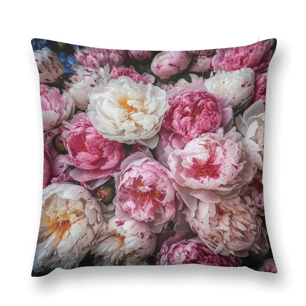 HKMNTGD 22 x 22 in Square Pillow Cover, Peach and White Peonies, Short Plush