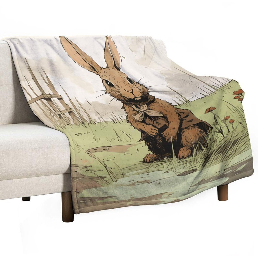 Flannel Throw Blanket with Brown Rabbit Print, Anti-Pilling, Soft, Vertical Design, 127 x 152.4 cm