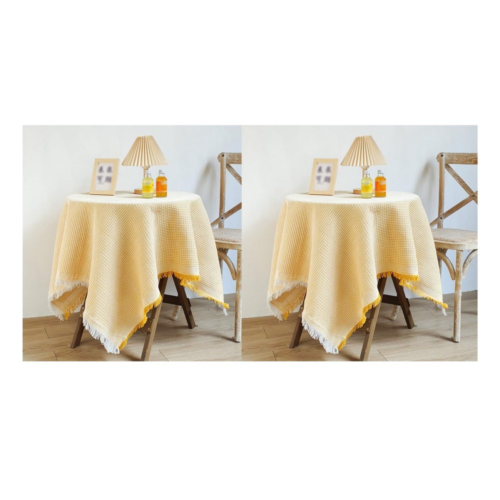 2-Piece Cotton-Linen Tassel Tablecloth, Yellow, 90 x 90 cm
