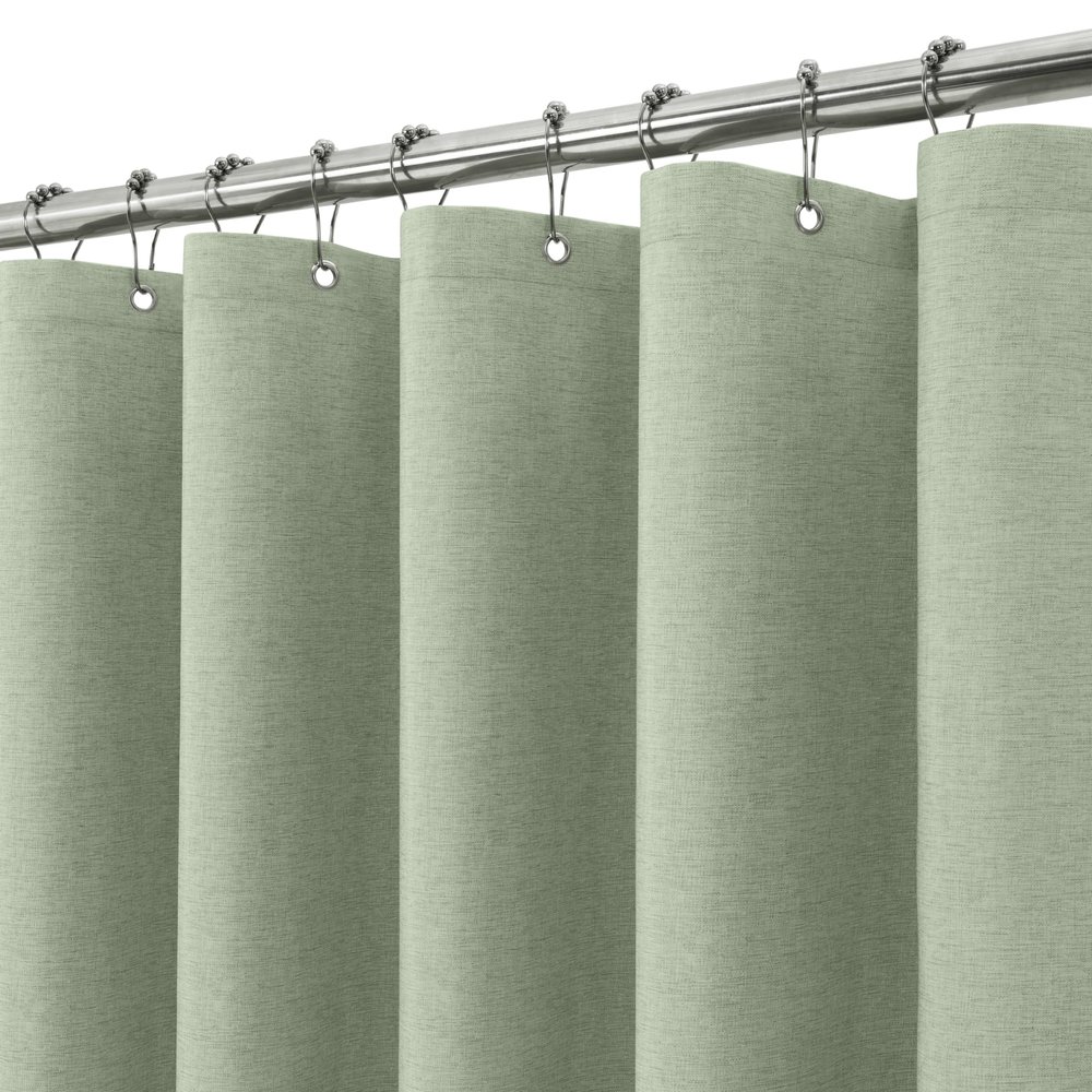 VANZAVANZU Linen-Style Shower Curtain with Metal Rings, Waterproof Weighted Bathroom Curtain Set, 152 x 182 cm (Sage Green)