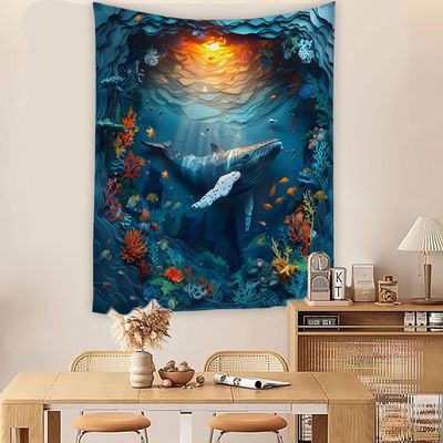 Whale Wall Tapestry, Blue-Green Ocean Underwater Scene, Small
