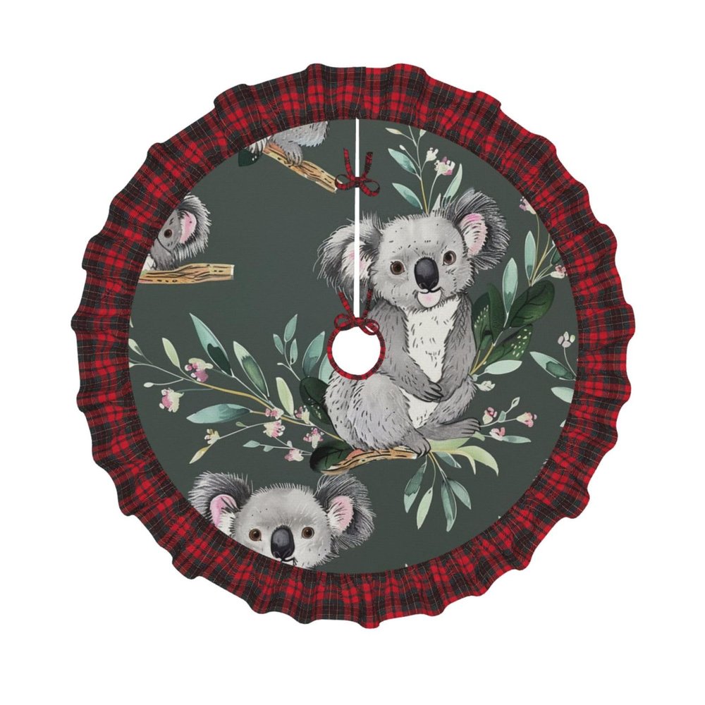 Koala-Printed Christmas Tree Skirt, 121.9 cm, Red Plaid