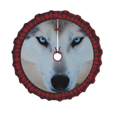 Printed Wolf Christmas Tree Skirt with Blue Eyes, 30 in, Red Plaid Trim