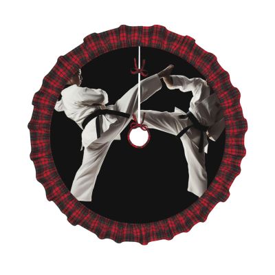 Taekwondo Martial Arts Print Christmas Tree Skirt, 36 in, Red Plaid