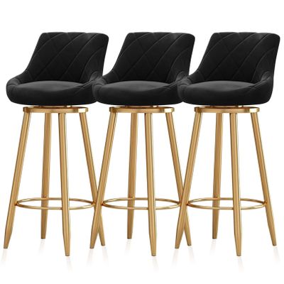 Guyifuny Bar Stools for Kitchen, Set of 3, Swivel Velvet Counter Stools with Gold Backrests, Black, 65 cm
