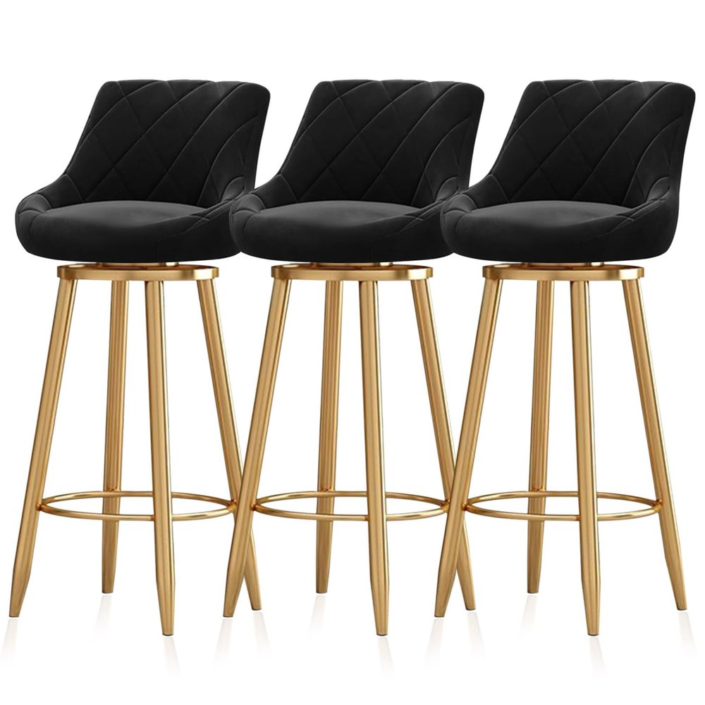 Guyifuny Bar Stools for Kitchen, Set of 3, Swivel Velvet Counter Stools with Gold Backrests, Black, 65 cm