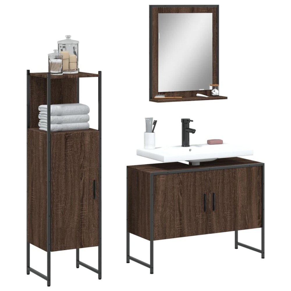 Lauuoeriau 3-Piece Bathroom Cabinet Set, Brown Oak