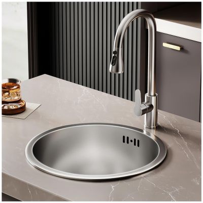 ASKLFNEI 30 cm Round Stainless Steel Sink, Silver Dual-Mount Single-Bowl Kitchen Bar Prep Sink with Deep Capacity, Drain Strainer (34 × 34 × 20 cm)