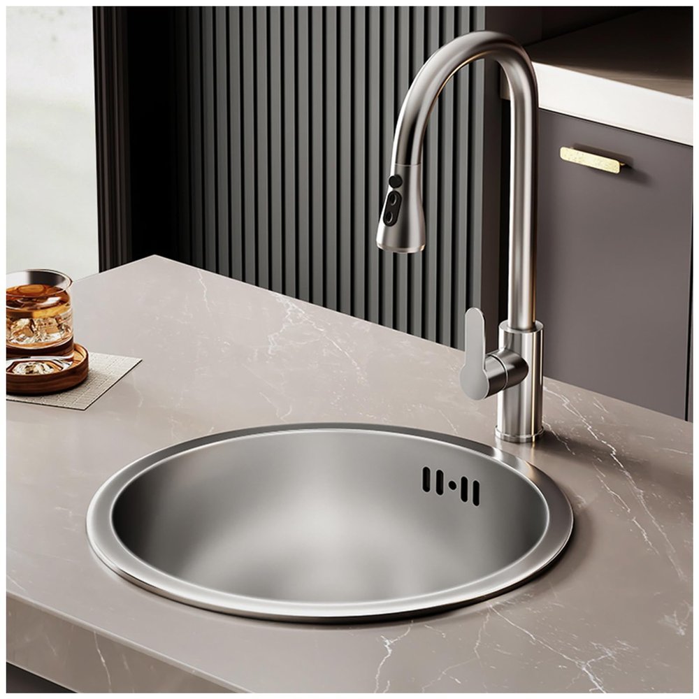 ASKLFNEI 30 cm Round Stainless Steel Sink, Silver Dual-Mount Single-Bowl Kitchen Bar Prep Sink with Deep Capacity, Drain Strainer (34 × 34 × 20 cm)