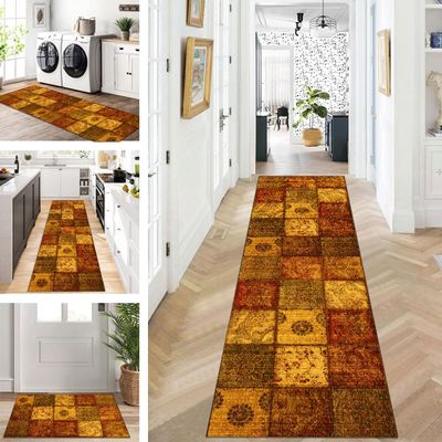 ZUZEKU Boho Golden Yellow Runner Rug, Washable Non-Slip, 100 x 500 cm
