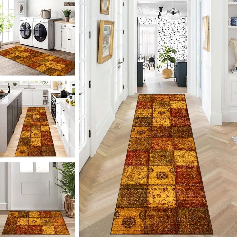 ZUZEKU Boho Golden Yellow Runner Rug, Washable Non-Slip, 100 x 500 cm