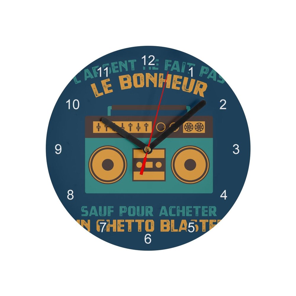 Glass Wall Clock, Cassette Radio, Silver “Pas Le Bonheur,” 20 cm Diameter, Blue