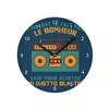 Glass Wall Clock, Cassette Radio, Silver “Pas Le Bonheur,” 20 cm Diameter, Blue view 1