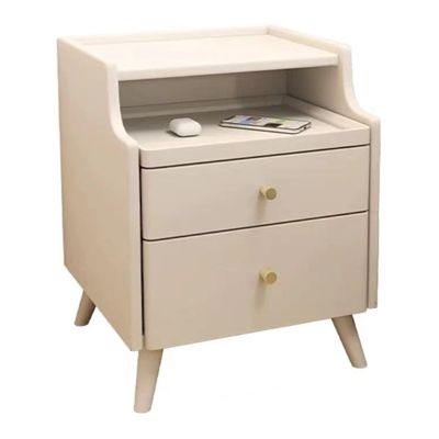 Modern White Wooden Nightstand with Pull-Out Shelf and 2 Drawers, Space-Saving, 40 cm Wide