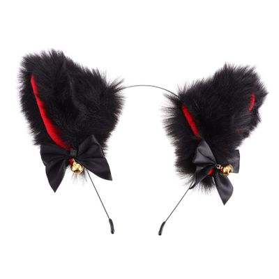 BELLIFFY Cat Ear Headband with Bows and Bells, Black and Red Faux Fur
