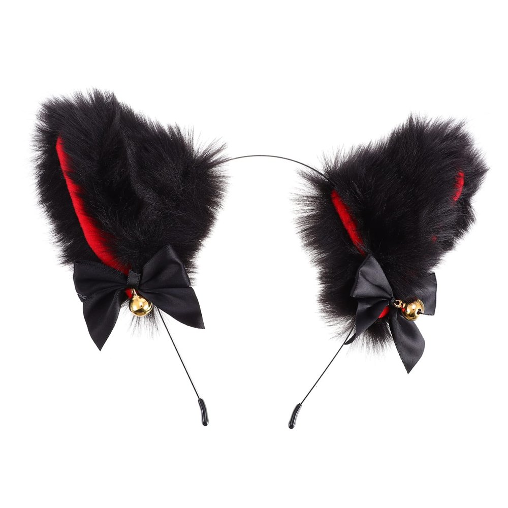 BELLIFFY Cat Ear Headband with Bows and Bells, Black and Red Faux Fur