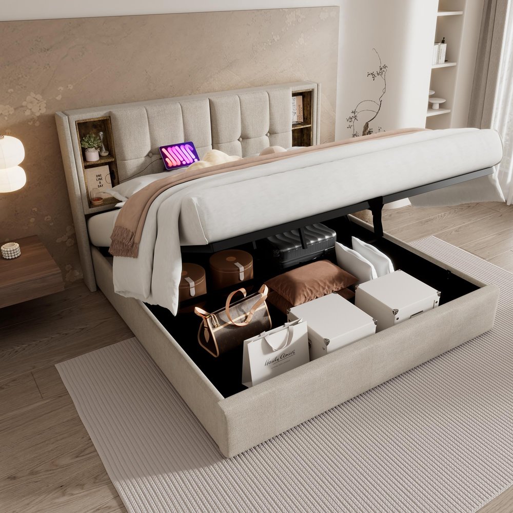 Arhatreya Upholstered Bed 160 x 200 cm with Wireless Charging and USB-C